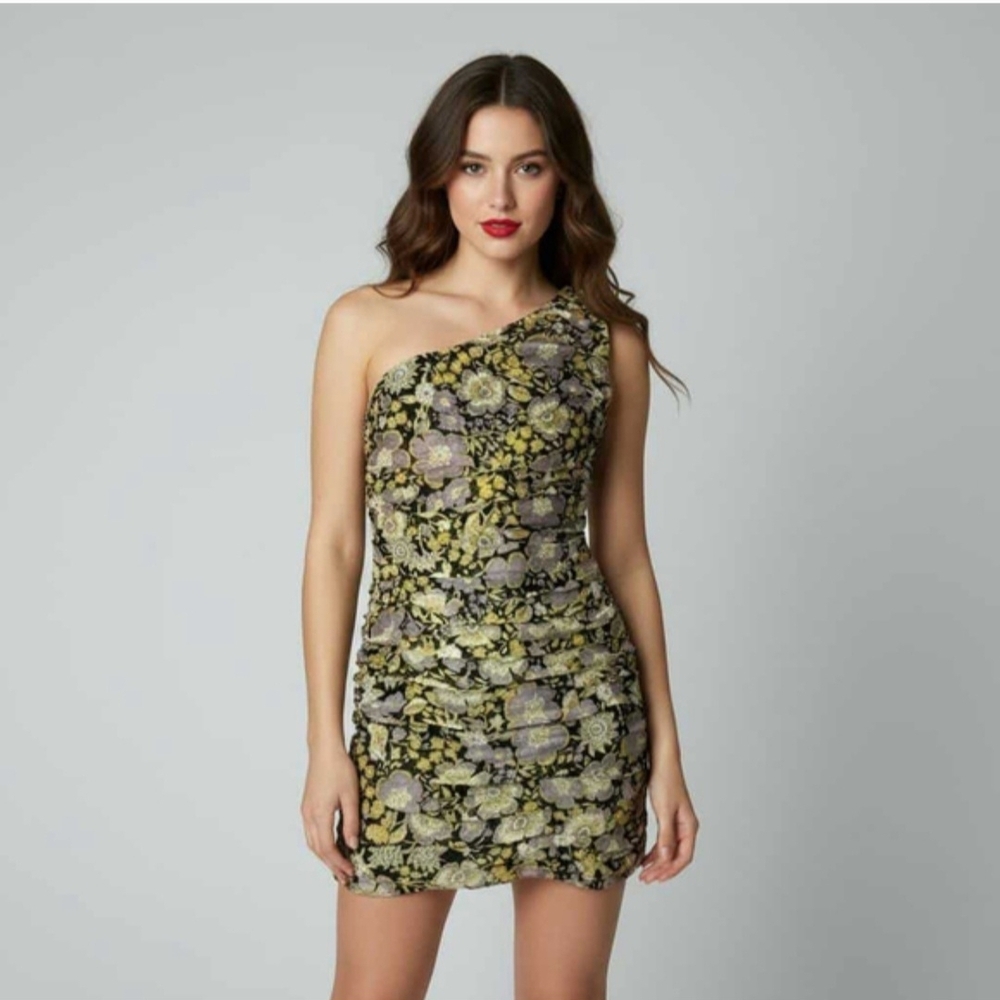 Zara One-Shoulder Floral Bodycon Dress in Yellow and Black